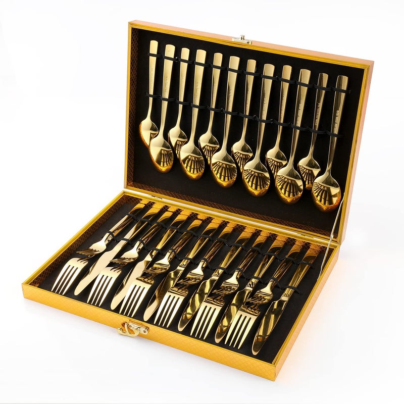 OGORI Gold Silverware Set  OGORI 30-Piece Gold Forged Stainless Steel Flatware Set with Square Handle  Service of 6 - Image 1
